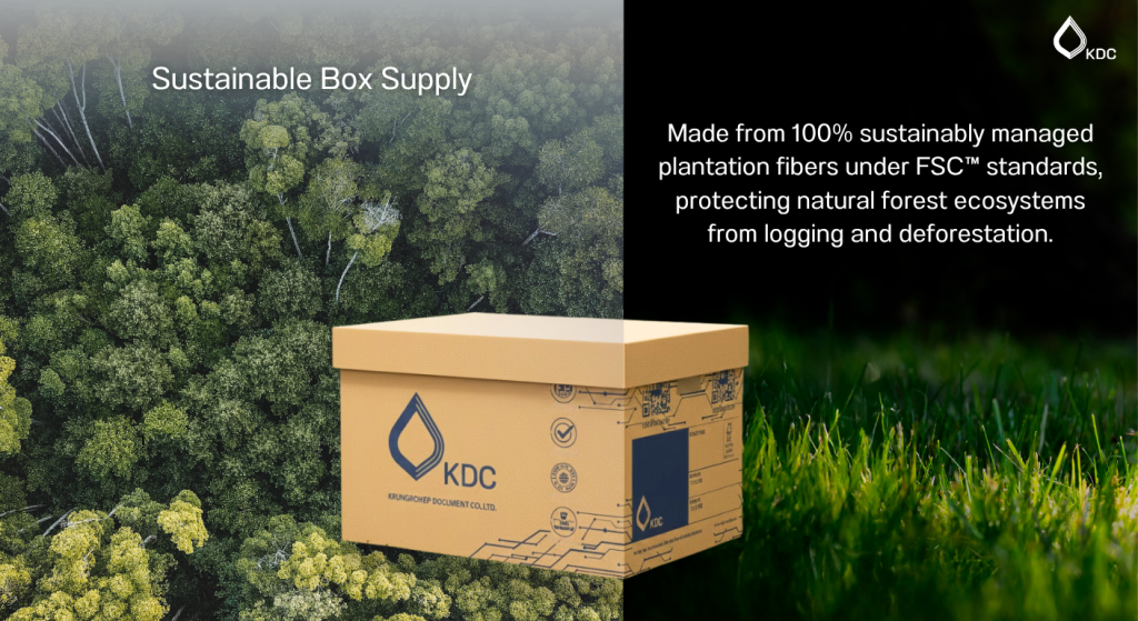 The KDC Sustainable Box Supply is a heavy-duty, separate-lid document storage solution engineered for modern corporations. Made from 100% FSC™ certified sustainable paper with unbleached natural kraft fibers, it protects critical business records against crushing and wear while lowering Scope 3 carbon emissions.